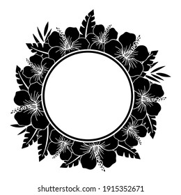 Ilustración vectorial, marco con flores tropicales, patrón en colores monocromos, plantilla, esténcil, aislamiento