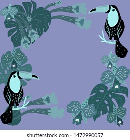 Vector illustration. A frame of two toucans, tropical leaves and orchids.