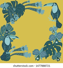 Vector illustration. A frame of two toucans, tropical leaves and orchids.