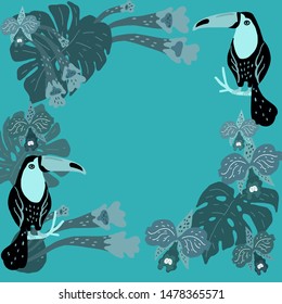 Vector illustration. A frame of two toucans, tropical leaves and orchids.