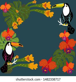 Vector illustration. A frame of two toucans, tropical leaves and orchids.
