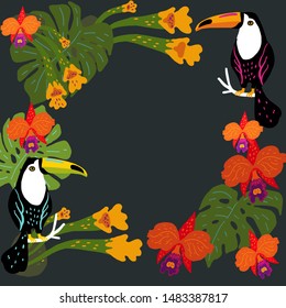 Vector illustration. A frame of two toucans, tropical leaves and orchids.