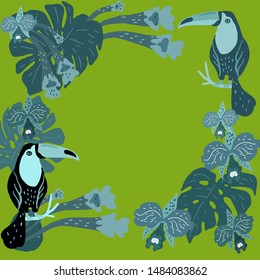 Vector illustration. A frame of two toucans, tropical leaves and orchids.