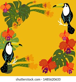 Vector illustration. A frame of two toucans, tropical leaves and orchids.