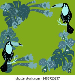 Vector illustration. A frame of two toucans, tropical leaves and orchids.