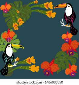 Vector illustration. A frame of two toucans, tropical leaves and orchids.