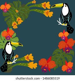 Vector illustration. A frame of two toucans, tropical leaves and orchids.