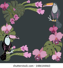 Vector illustration. A frame of two toucans, tropical leaves and orchids.