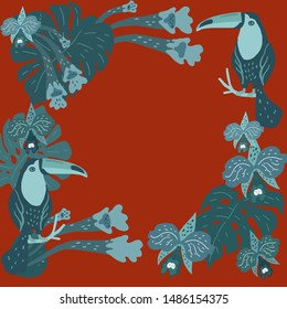 Vector illustration. A frame of two toucans, tropical leaves and orchids.