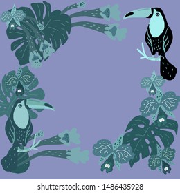 Vector illustration. A frame of two toucans, tropical leaves and orchids.