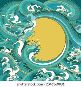 Vector illustration of a frame with waves in a traditional oriental style.
