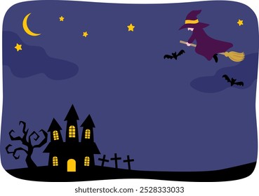 Vector illustration of a frame of a witch flying through the night sky on a broomstick