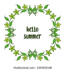 Vector illustration frame wreath yellow and leaves green with banner hello summer hand drawn