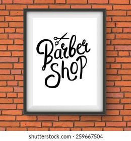 Vector Illustration of Framed Barber Shop Sign with Scissors Graphic Hanging on Red Brick Wall