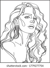 Vector illustration framed in black. Continuous black line, a portrait of a girl with wavy hair, fashion concept, the minimalism of beautiful women, for t-shirt, slogan graphic design, comic style