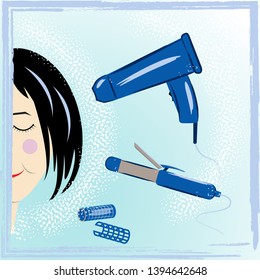 Vector illustration of framed, girl with hair, tools for hairdresser, hairdryer,curling iron and curlers in blue on a blue background with a gradient