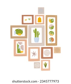 Imagen vectorial de cuadros enmarcados colgados en la pared. Una composición de cuadros modernos de estilo abstracto. Decoración de paredes para la casa. Diseño aislado en un fondo blanco.