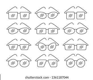 Vector illustration of frameless glasses. Line icon set of reading rimless eyeglasses. Isolated objects on white background