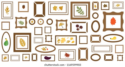 vector illustration of frames with autumn leaves and symbols for fall decoration or exhibition