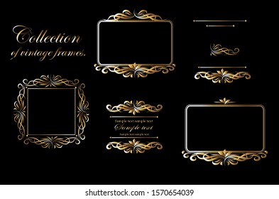 Vector illustration of frames for decoration. Golden vintage frames on a black background.