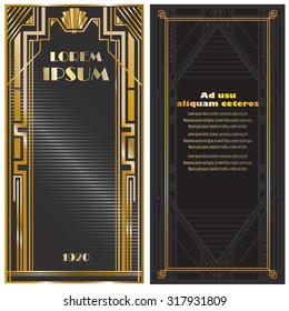 Vector illustration of frames, invitation cards templates in art deco style, rich golden color
