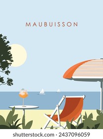 Vector illustration. France. Beach. Travel poster, vertical banner, postcard, cover. Tourism, travel.