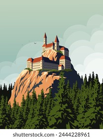 Vector illustration. France. Castle on the mountain. Poster design, banner, postcard, cover, packaging. Tourism, travel. Modern design.