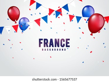 Vector illustration france celebration background with banner, confetti and balloons in french colors