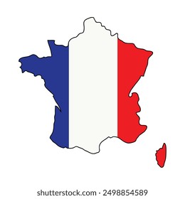 Vector illustration of France flag in shape country's map isolated on white background.