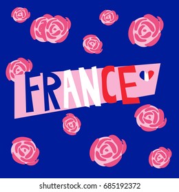 Vector illustration of France lettering and pink roses in French flag colors on dark blue background