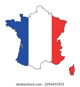 Vector illustration of france map overlaid with the national flag, highlighting the country's geographic outline combined with its national colors.