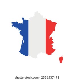 Vector illustration of France map overlaid with the national flag, highlighting the country's geographic outline combined with its national colors.