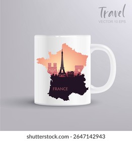 Ilustração vetorial do mapa da França com o horizonte da cidade de Paris em estilo silhueta, incluindo marcos famosos. Inclui caneca mockup. Perfeito para viagens impressões lembranças turismo de presentes e desi cultura francesa