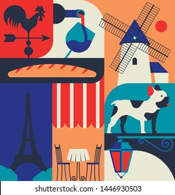 Ilustración vectorial de Francia, conjunto de iconos de París, fondo de color, afiche. Gallo, vino, molino de viento, pan, buldog francés, luz de la calle, café, la Torre Eiffel.