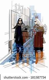 Vector illustration - France Paris - two women strolling in a passage