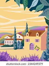 Ilustración vectorial. Francia, Provenza, pueblo, campos de lavanda. Cartel, banner, diseño de portada, diseño de embalaje.