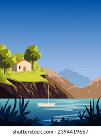 Vector illustration. France, the shore of the lake. Poster, vertical banner, background for postcards, a notebook cover, packaging. Flat design, cartoon style.