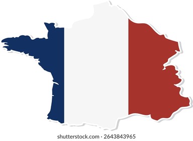 Vector illustration of France's map in blue, white, and red. Clean lines and bold colors create a striking visual