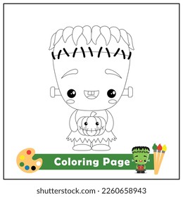 Ilustración vectorial con frankenstein kawaii. Libro de colorear páginas cuadradas para niños. Simple dibujo de un chico lindo. Borde negro, bosquejo sobre fondo blanco.