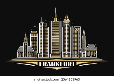 Vector illustration of Frankfurt, dark horizontal card with linear design famous frankfurt city scape on nighttime sky background, european urban line art concept with unique letter for text frankfurt