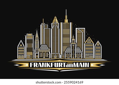 Vector illustration of Frankfurt am Main, dark horizontal card with linear design famous frankfurt city scape on nighttime sky background, european urban line art concept with text frankfurt am main