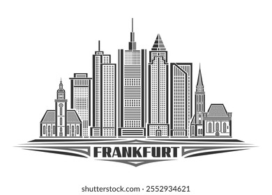 Ilustração vetorial de Frankfurt, cartão horizontal monocromático com desenho linear frankfurt city scape, conceito de arte de linha urbana europeia com letra única para texto preto frankfurt sobre fundo branco