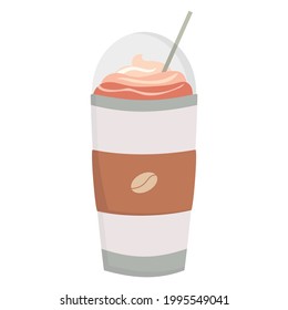 Vector illustration of a frappe coffee drink in a takeaway cup, with a plastic lid.