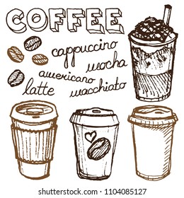 Vector illustration of frappe cup to go with cream, chocolate takeaway and coffee beans set with lettering in brown color