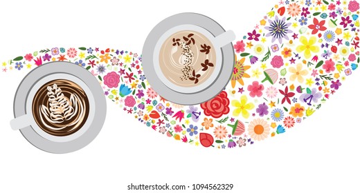 vector illustration of frappe mugs with floral design for summer coffee brews and cocktails