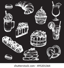 Vector illustration of frappucino with whipped cream and cookie made in hand drawn sketch style. Cupcake, cheesecake, eclair, macaroon. Template for business card banner and  poster.