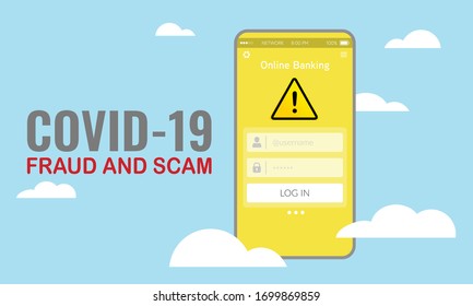 Vector Illustration Of Fraud And Scam Alert Notification On Smart Phone During Covid-19 Pandemic Outbreak. 