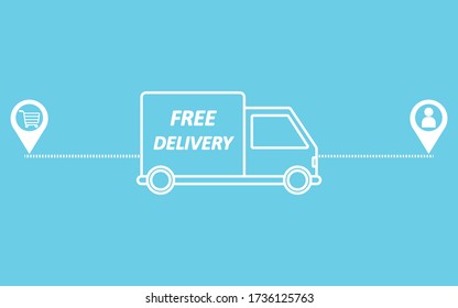 Vector illustration of free delivery concept. Side view of delivery car truck with text. Shipment from shop store market to customer. Track between company and client.