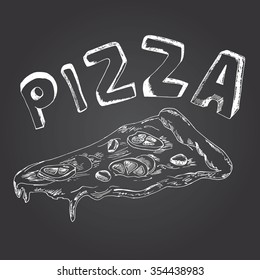 Vector illustration free hand drawing a piece of pizza with olives, bacon and cheese on a chalk background.