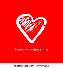 Vector illustration. Free hand sketch of a white contour of heart on a red background on Valentine's Day. Romantic illustration.